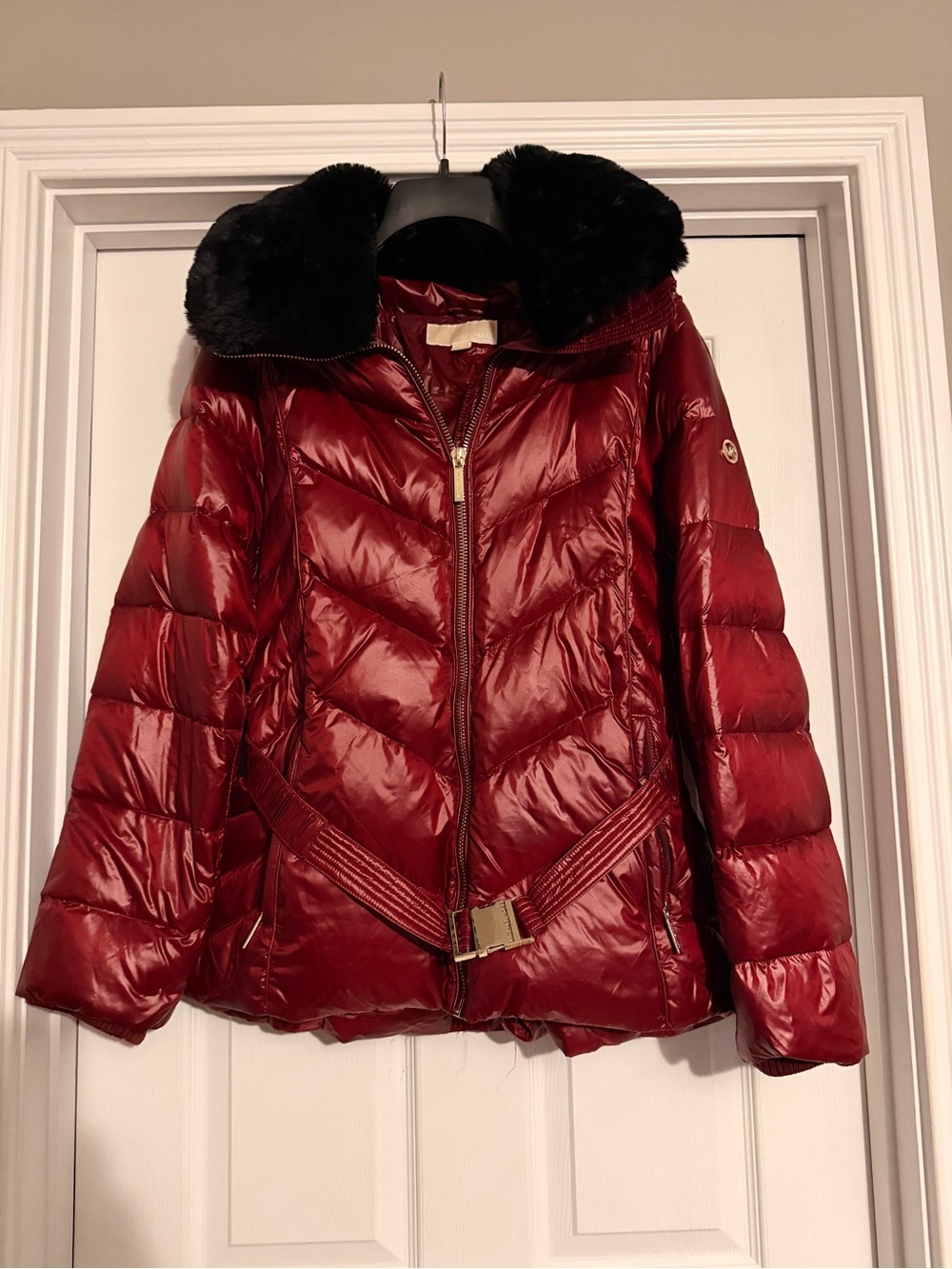 MICHAEL Michael Kors Shiny Red Quilted Puffer with Black Faux Fur Collar